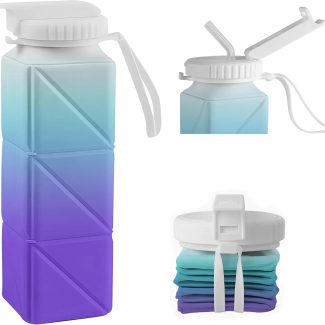 Collapsible Water Bottles with Straw Strap, BPA-Free Leak-Proof Silicone Collapsible Water Bottle Cup 620ml for Travel, Camping, Hiking, Cycling and Outdoor Sports (Blue-Purple Gradient)